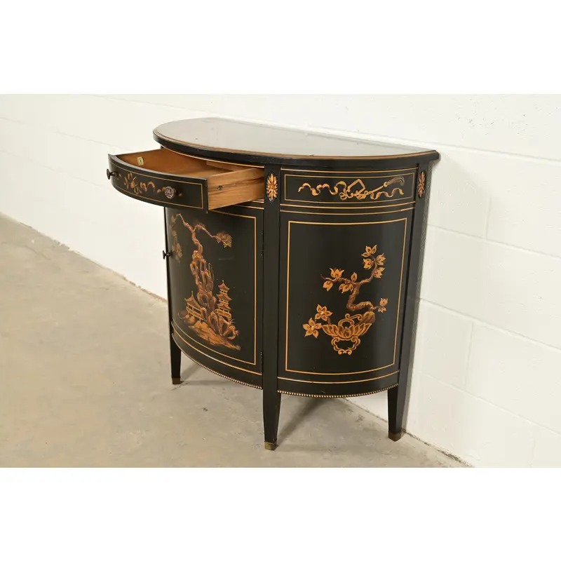 Imperial Furniture Grand Rapids French Regency Chinoiserie Black Lacquered Hand Painted Demilune Cabinet, Circa 1940s - Image 6