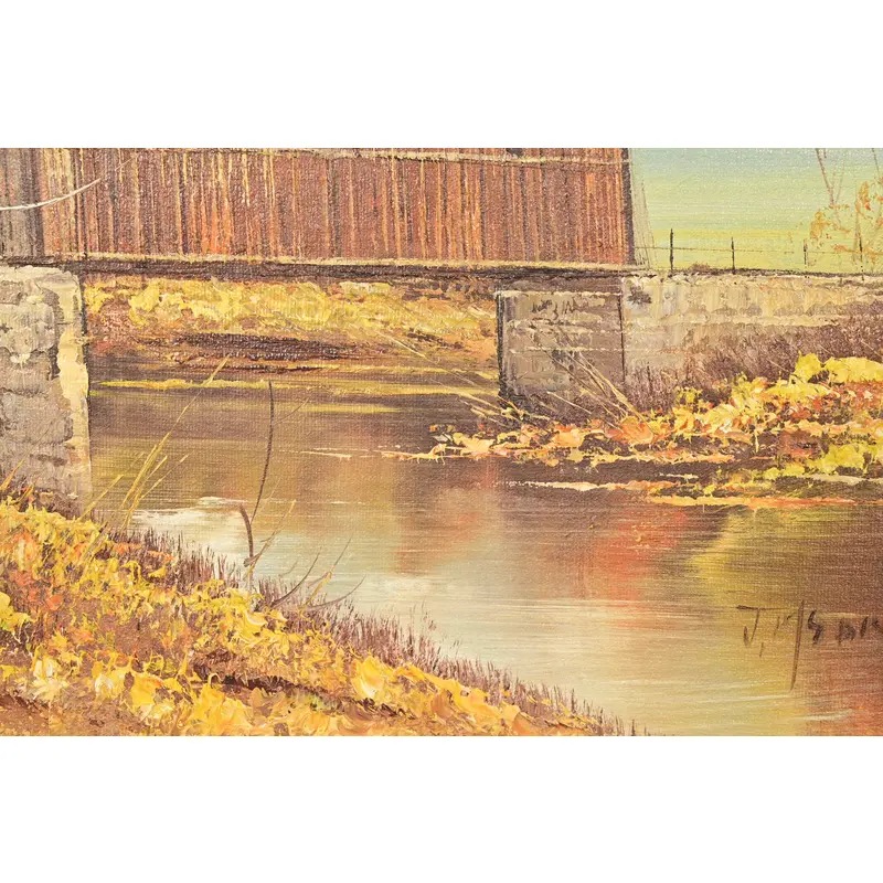 Original Artist Signed Oil Painting on Canvas Rural Landscape of "Covered Bridge" in Carved Walnut and Woven Rattan Frame - Image 6