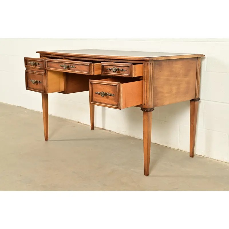 Sligh Furniture French Regency Louis XVI Carved Walnut Leather Top Writing Desk, Circa 1960s - Image 6