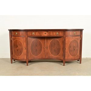 John Widdicomb Neoclassical Mahogany and Burl Wood Sideboard Credenza or Bar Cabinet, Newly Refinished