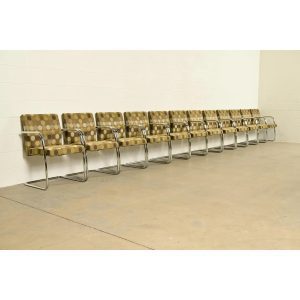 Mies Van Der Rohe Brno Style Mid-Century Modern Chrome Tubular Cantilever Club Chairs, Set of Twelve