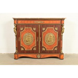 Paul Sormani Style French Napoleon III Mahogany and Kingwood Marble Top Buffet Server or Bar Cabinet With Mounted Gilt Bronze Ormolu