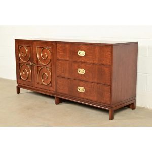 William Doezema for Mastercraft Mid-Century Hollywood Regency Campaign Walnut and Brass Sideboard Credenza, Newly Refinished