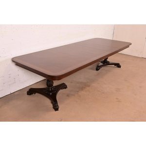 Baker Furniture Regency Banded Mahogany Double Pedestal Extension Dining Table, Newly Refinished