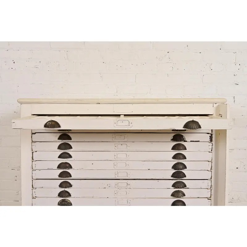 Antique Arts & Crafts White Painted 18-Drawer Flat File Printer's Cabinet, Circa 1900 - Image 7