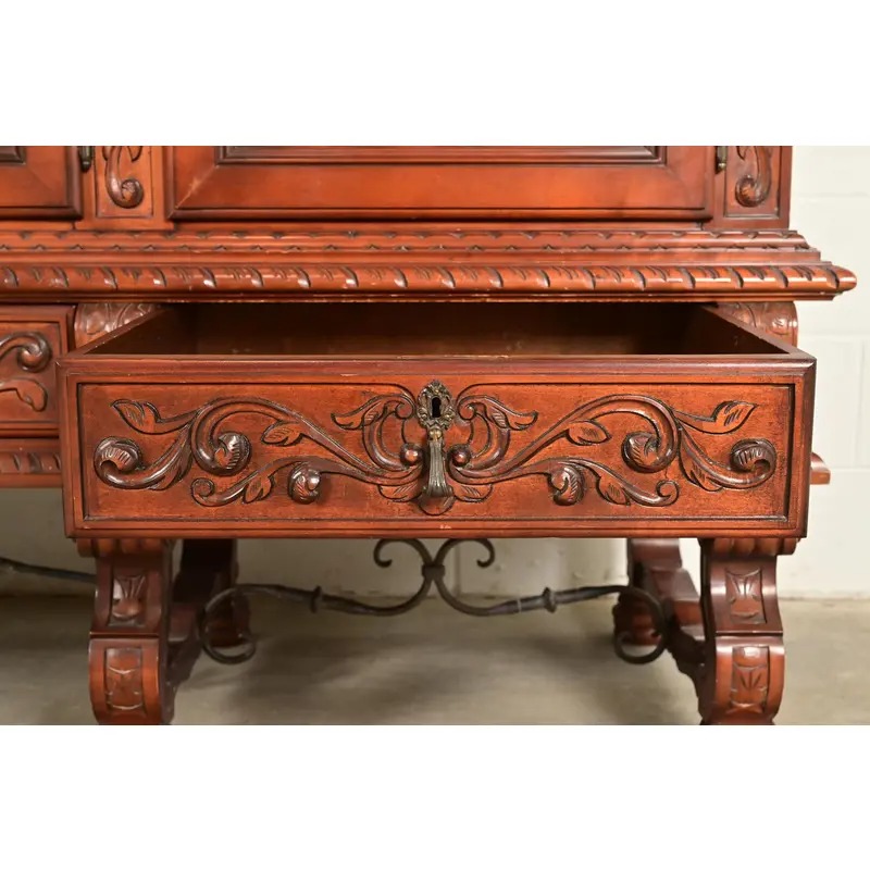 Antique Spanish Renaissance Revival Monumental Ornate Carved Walnut Sideboard or Bar Cabinet - Image 7