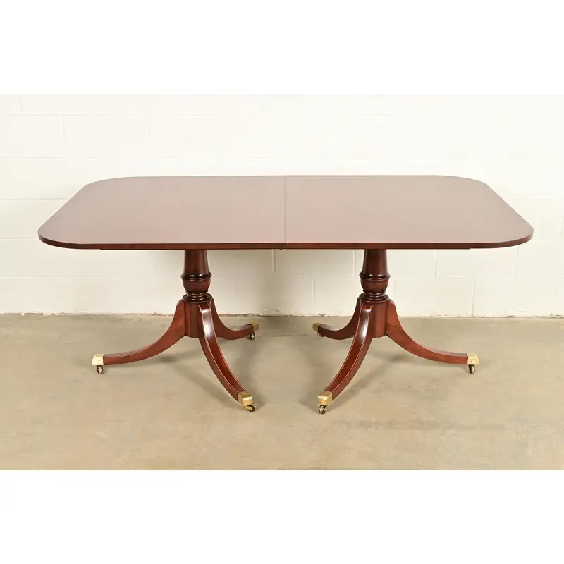 Baker Furniture Style Georgian Mahogany Double Pedestal Extension Dining Table, Newly Refinished - Image 7