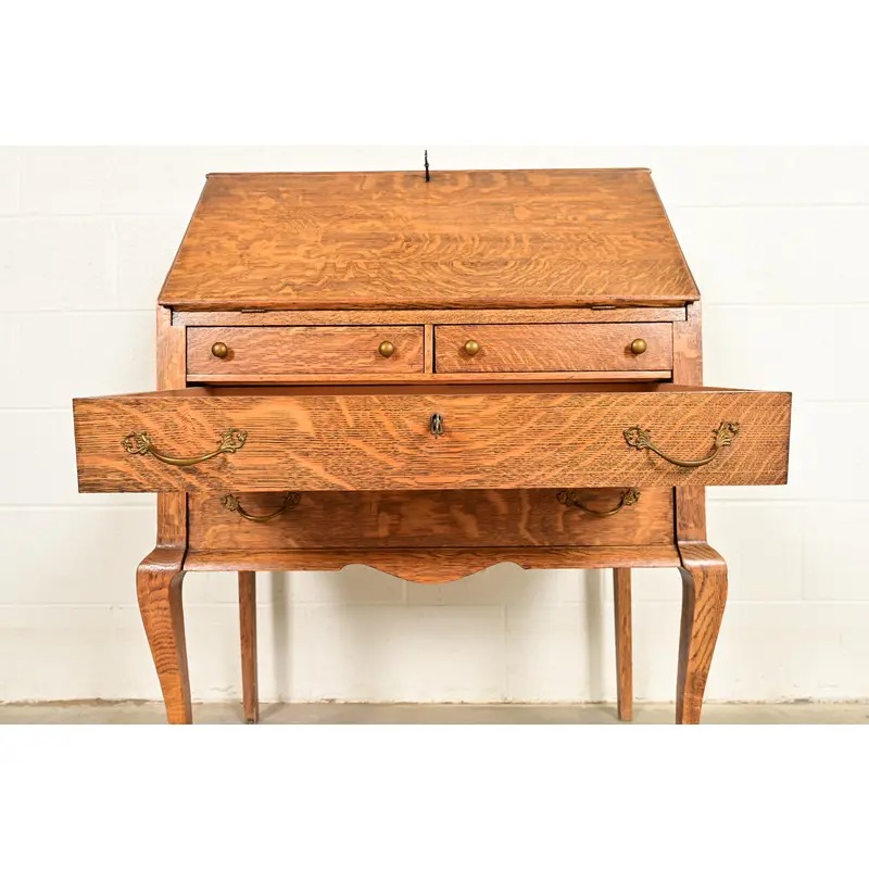 Berkey & Gay Style Antique Victorian Tiger Oak Slant Front Secretary Desk, Circa 1900 - Image 7