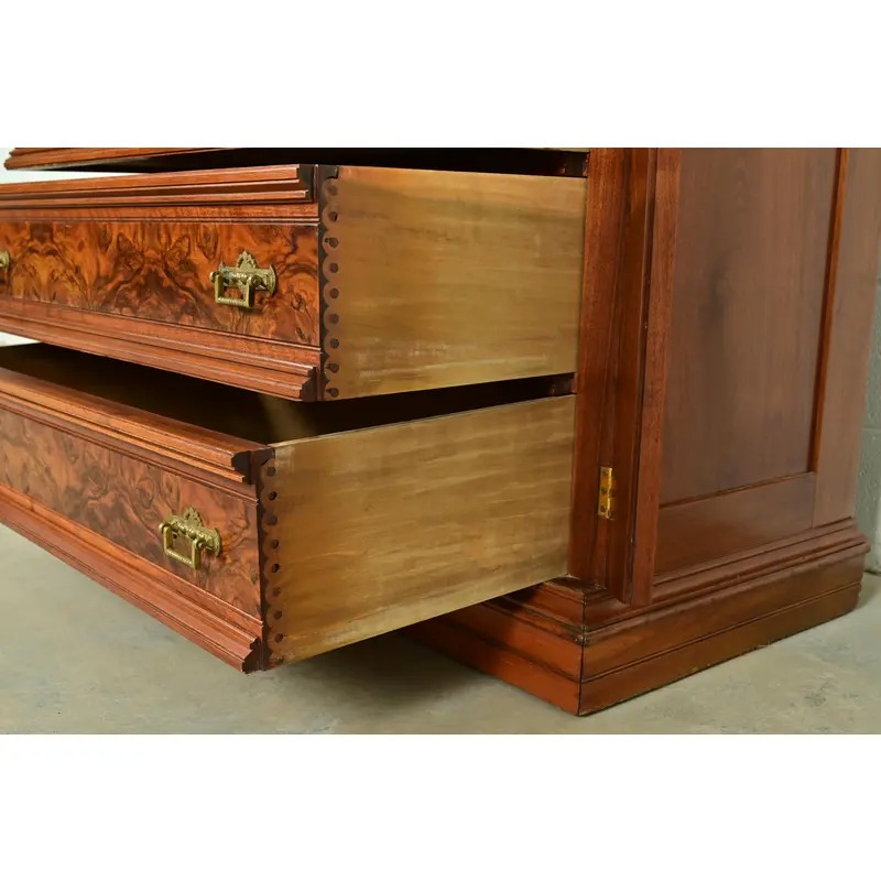 Herter Brothers Style Antique Eastlake Victorian Carved Walnut and Burl Wood Highboy Dresser, Circa 1880s - Image 7