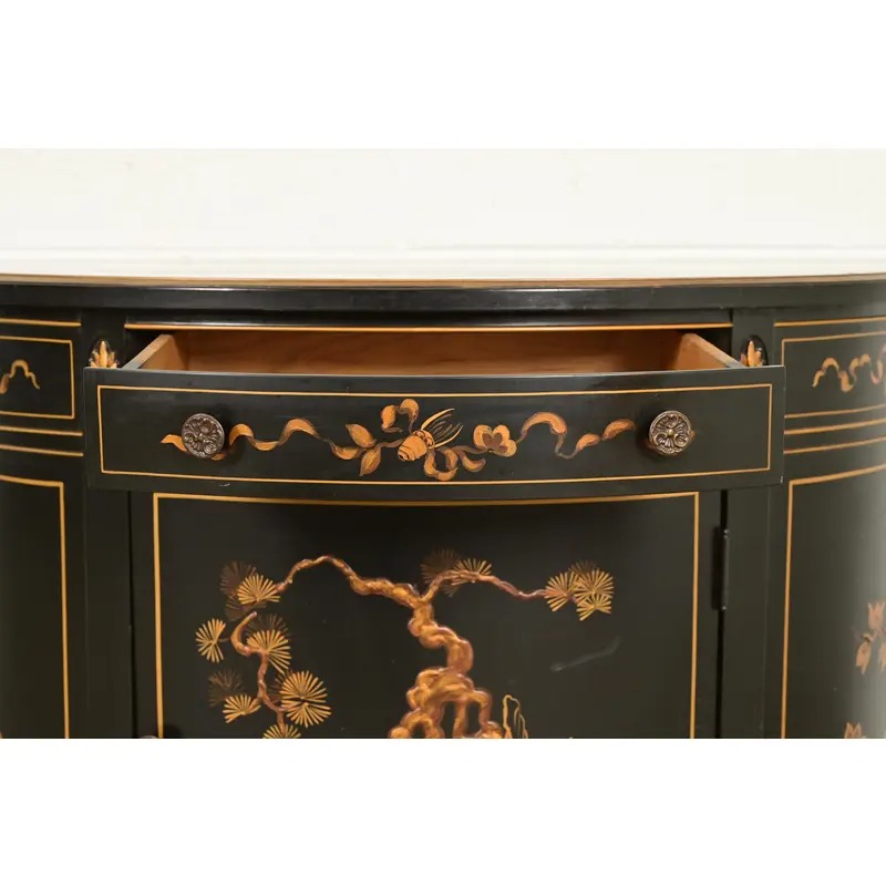 Imperial Furniture Grand Rapids French Regency Chinoiserie Black Lacquered Hand Painted Demilune Cabinet, Circa 1940s - Image 7