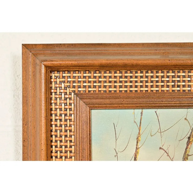 Original Artist Signed Oil Painting on Canvas Rural Landscape of "Covered Bridge" in Carved Walnut and Woven Rattan Frame - Image 7