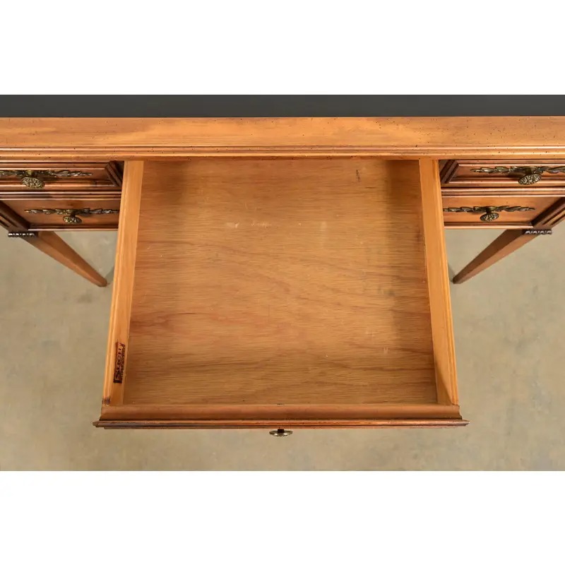 Sligh Furniture French Regency Louis XVI Carved Walnut Leather Top Writing Desk, Circa 1960s - Image 7