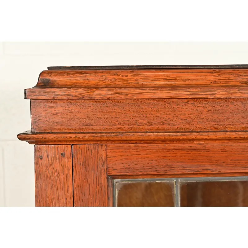 Stickley Brothers Style Antique Arts & Crafts Carved Oak Bookcase Cabinet With Leaded Glass Doors, Circa 1900 - Image 7