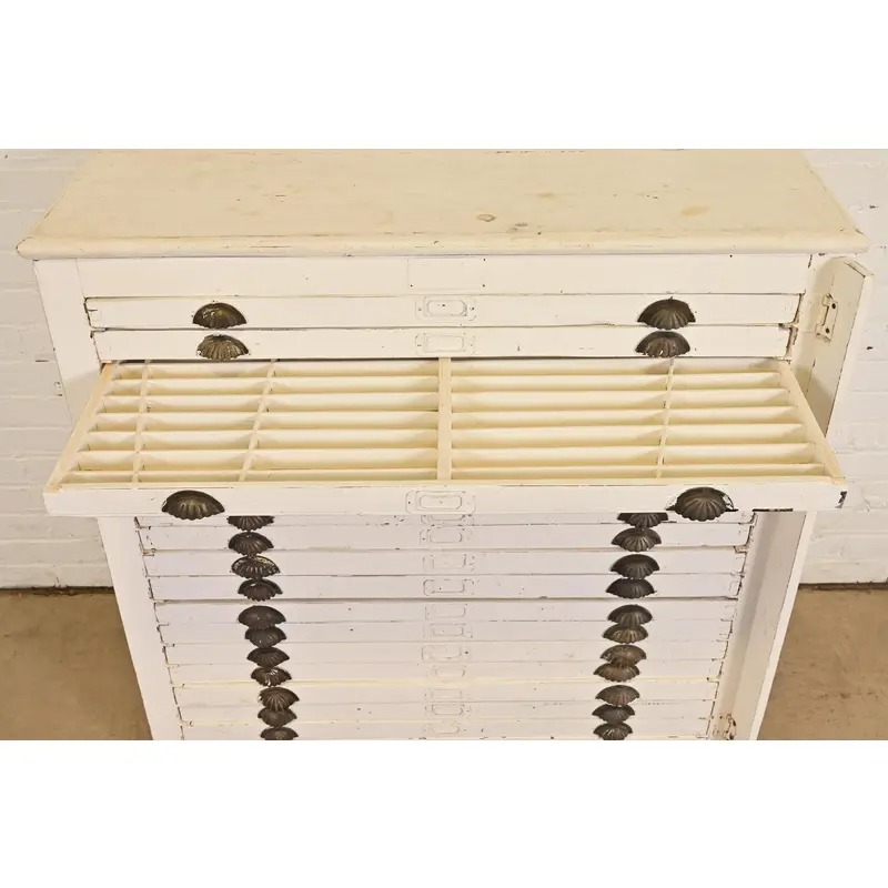 Antique Arts & Crafts White Painted 18-Drawer Flat File Printer's Cabinet, Circa 1900 - Image 8