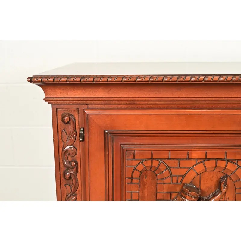 Antique Spanish Renaissance Revival Monumental Ornate Carved Walnut Sideboard or Bar Cabinet - Image 8