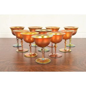 Early 20th Century Steuben Aurene Iridescent Art Glass Goblets - Set of Ten