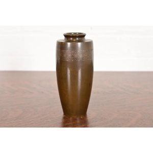 Japanese Meiji Period Antique Arts & Crafts Sterling Silver on Bronze Vase