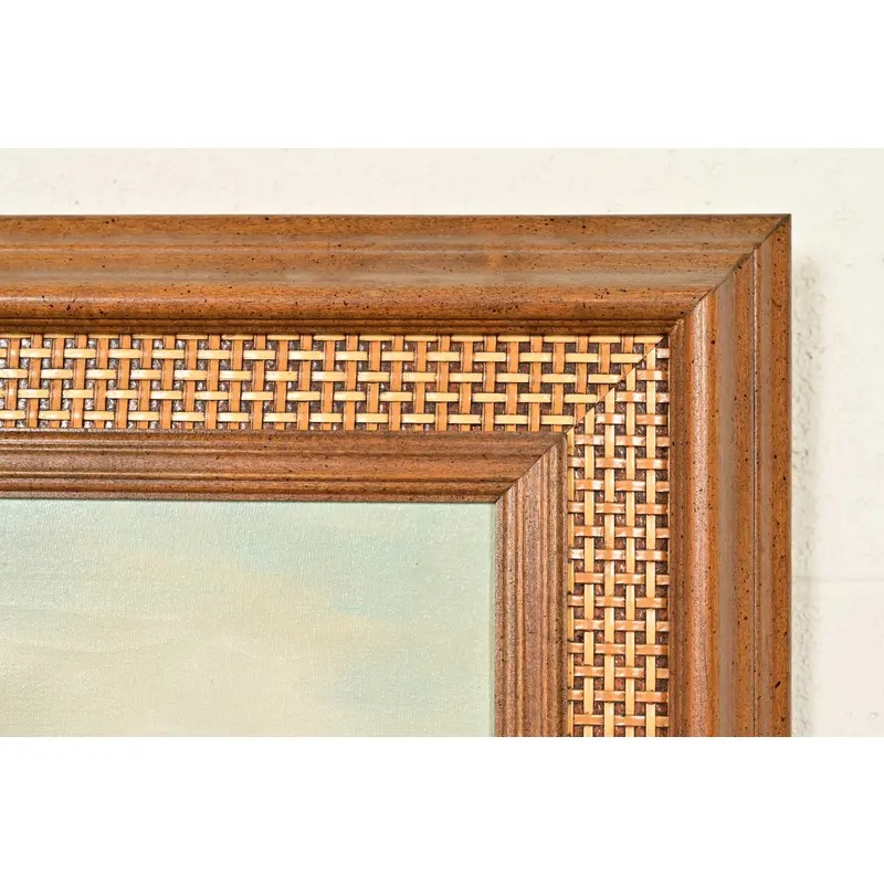 Original Artist Signed Oil Painting on Canvas Rural Landscape of "Covered Bridge" in Carved Walnut and Woven Rattan Frame - Image 8