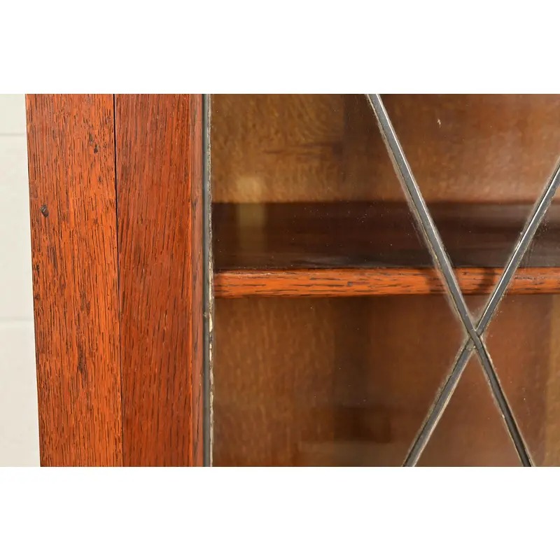 Stickley Brothers Style Antique Arts & Crafts Carved Oak Bookcase Cabinet With Leaded Glass Doors, Circa 1900 - Image 8