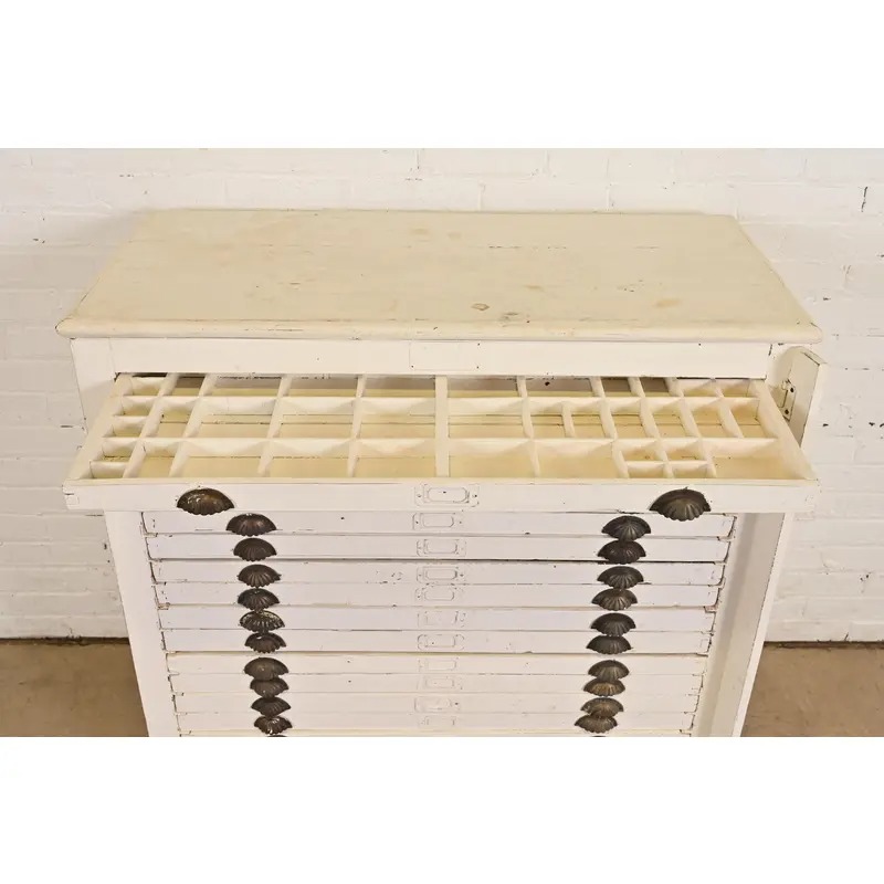 Antique Arts & Crafts White Painted 18-Drawer Flat File Printer's Cabinet, Circa 1900 - Image 9