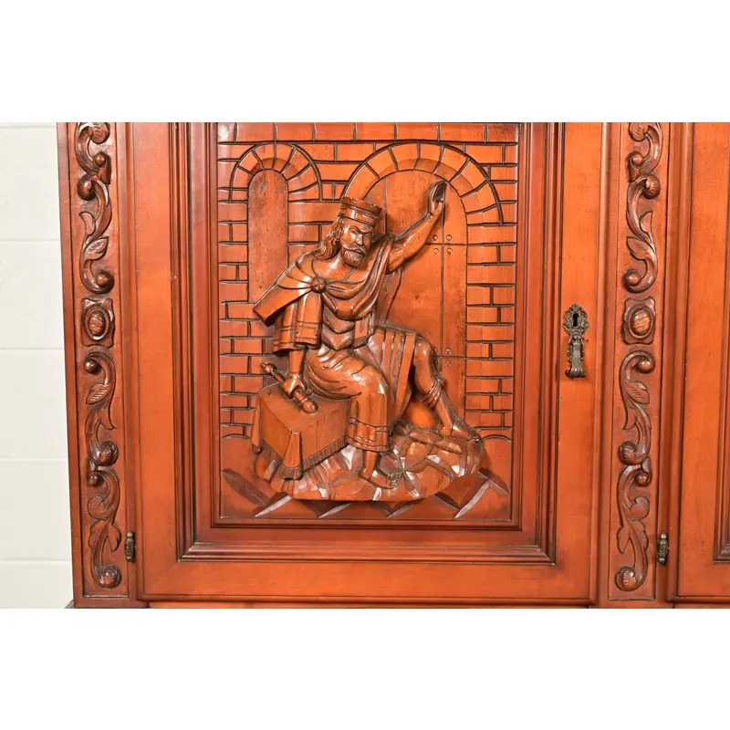 Antique Spanish Renaissance Revival Monumental Ornate Carved Walnut Sideboard or Bar Cabinet - Image 9