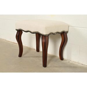 Baker Furniture Style French Provincial Louis XV Carved Mahogany Upholstered Stool or Ottoman
