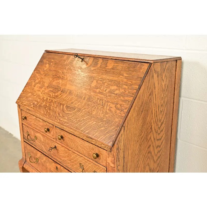 Berkey & Gay Style Antique Victorian Tiger Oak Slant Front Secretary Desk, Circa 1900 - Image 9