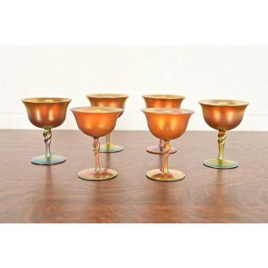 Early 20th Century Steuben Aurene Iridescent Art Glass Goblets - Set of Six