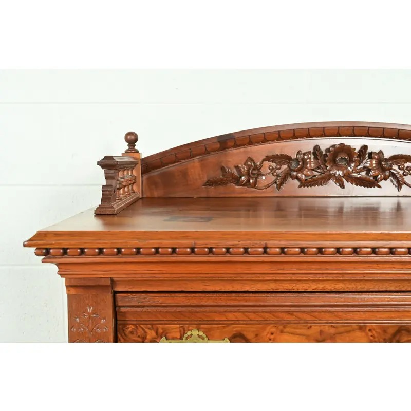Herter Brothers Style Antique Eastlake Victorian Carved Walnut and Burl Wood Highboy Dresser, Circa 1880s - Image 9