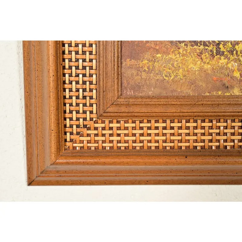 Original Artist Signed Oil Painting on Canvas Rural Landscape of "Covered Bridge" in Carved Walnut and Woven Rattan Frame - Image 9