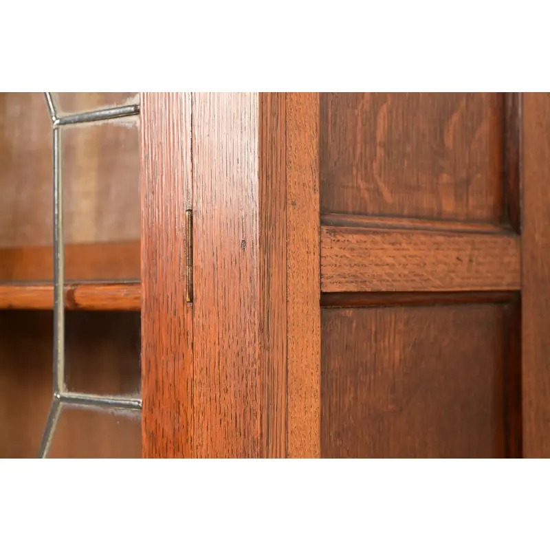 Stickley Brothers Style Antique Arts & Crafts Carved Oak Bookcase Cabinet With Leaded Glass Doors, Circa 1900 - Image 9