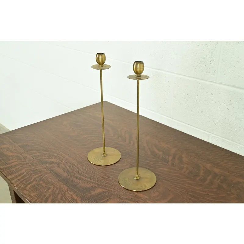 Robert Jarvie Style Antique Arts & Crafts Turned Brass Tall Candlesticks, Pair