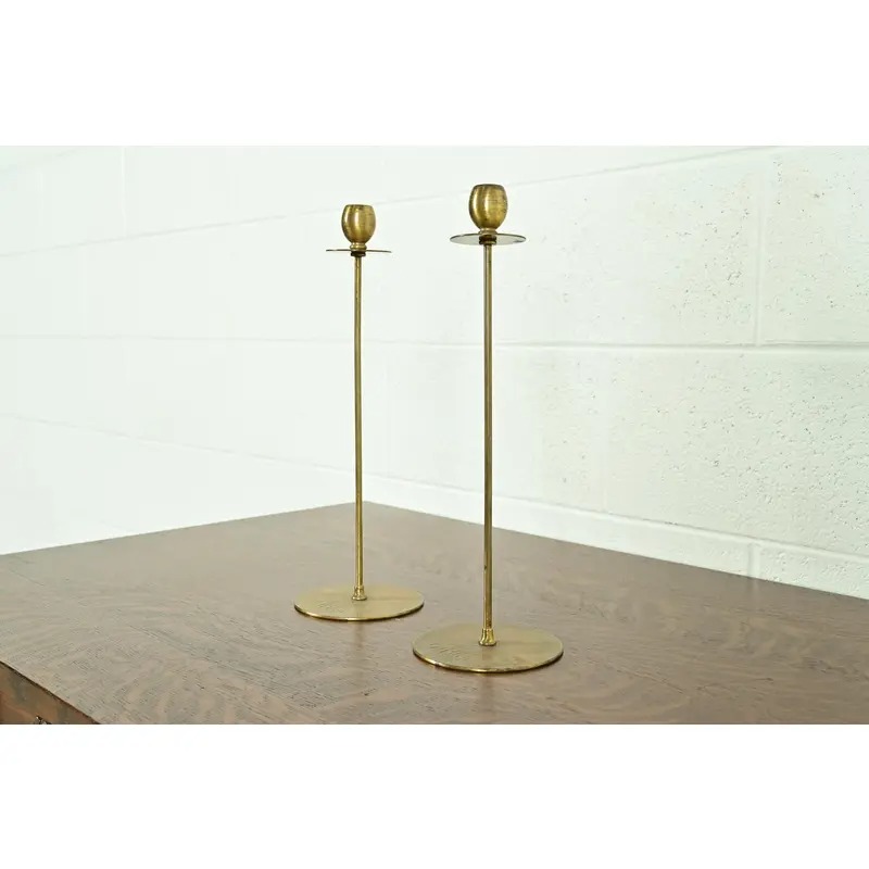 Robert Jarvie Style Antique Arts & Crafts Turned Brass Tall Candlesticks, Pair - Image 2