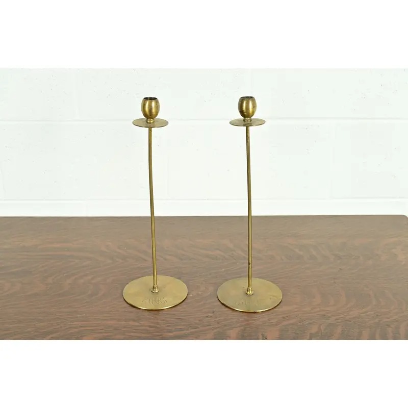 Robert Jarvie Style Antique Arts & Crafts Turned Brass Tall Candlesticks, Pair - Image 3