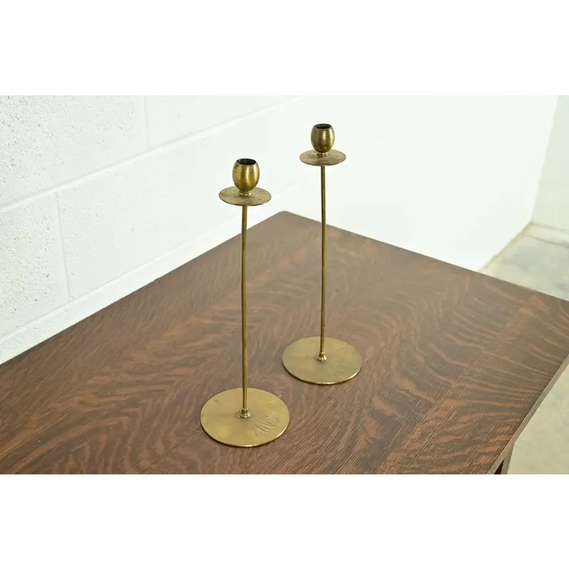 Robert Jarvie Style Antique Arts & Crafts Turned Brass Tall Candlesticks, Pair - Image 4
