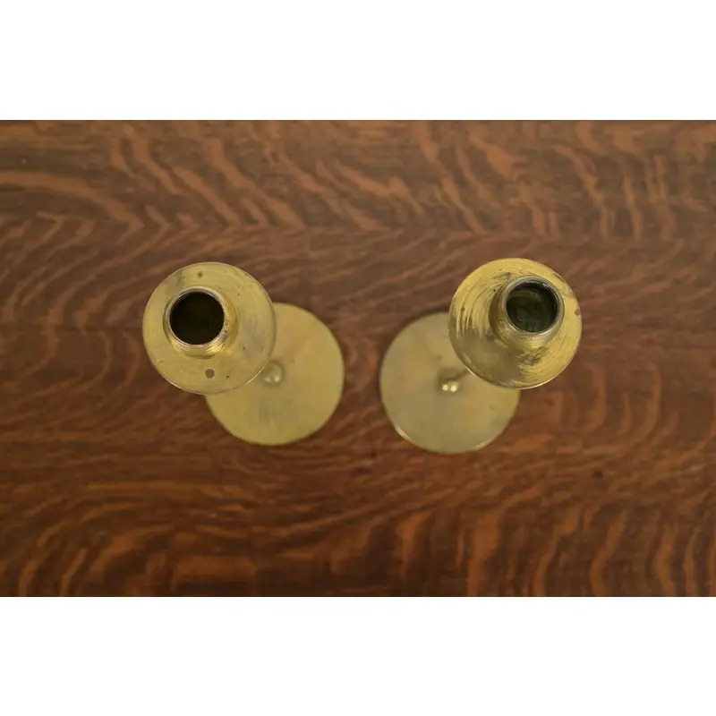 Robert Jarvie Style Antique Arts & Crafts Turned Brass Tall Candlesticks, Pair - Image 5